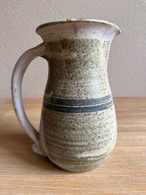 Handcrafted Speckled Ceramic Pitcher in Beige with Blue Stripe